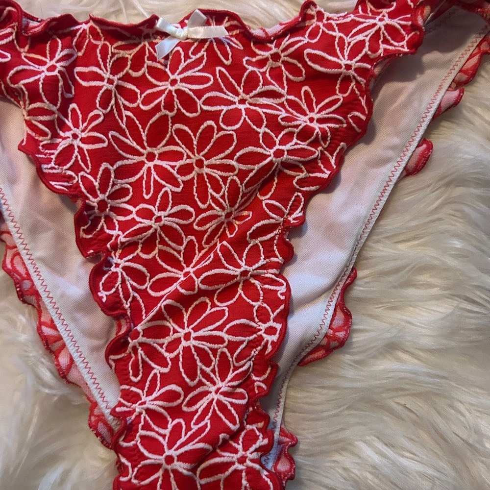 Red Floral Embroidered Bikini Set | Triangle Top Tie Side Bottom  Swimsuit - Picture 3 of 7